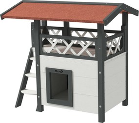 PawHut Macska Házikó Aszfalt Tetővel, Két Szintes, Macska Kunyhó Erkélyes, Macska Villa Lépcsővel, Masszív Fa, Fehér, 77 x 50 x 73 cm | Aosom