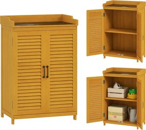 Outsunny Fa Kertszekrény, Szerszámtároló Munkaterülettel, Időjárásálló Szerszámosláda, 65,5x40x98,5cm, Szerszámház Zsalugáteres Ajtóval, Polcokkal, Ke