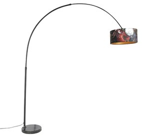 Íves lámpa fekete bársony árnyékolóval virágmintával 50 cm - XXL