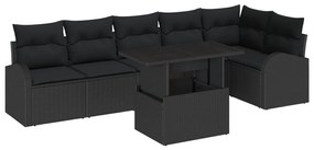 7 részes kertiszófa készlet párnákkal fekete poli rattan, 2 személyes kerti kanapé tárolóval és párnákkal fekete poli rattan