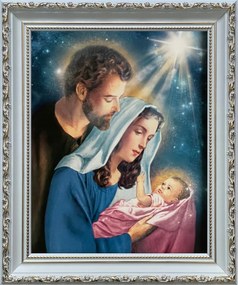 Vászonkép 31x26 Szent Család Jézus Krisztus József Mária Fehér Díszített Keret