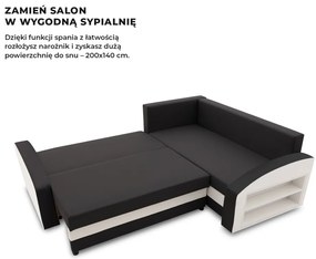 Grande sarokkanapé polcokkal , polc a jobb karfaban, jobboldali, szövet anyag, hab töltet, fekete - fehér