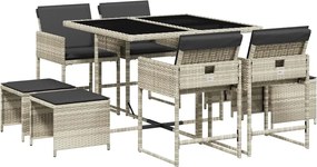 vidaXL 9részes világosszürke polyrattan kerti étkezőgarnitúra párnával