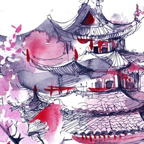 Gario Paraván Japán pagoda és cseresznyevirág Méret: 145 x 170 cm, Kivitelezés: Klasszikus paraván