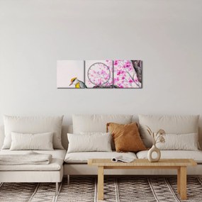 Kép - Madár egy fán rózsaszín virágokkal (órával) (90x30 cm)