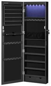 Fali ékszerszekrény, tükrös szekrény 6 led izzóval, fekete