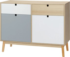 HOMCOM Oldalszekrény tároló szekrény 2 zárt rekesszel és 2 fiókkal, emelt fenyőfa lábakkal, Konyhába, Hálószobába, Előszobába 100x40x79.5 cm, Többszín