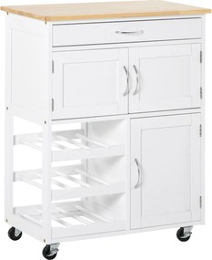 HOMCOM Konyhai Kocsi Kerekekkel, Fiókkal, 2 Tároló Szekrénnyel és 3 Nyitott Polccal, 9 Palackhoz, Étkezőbe vagy Étterembe, 67x37x87 cm, Fehér | Aosom