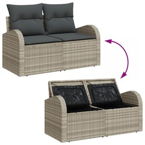 5 darabos kertkanapé szett párnákkal világosszürke poli rattan, 2 személyes kertkanapé tárolóval és párnákkal világosszürke poli rattan