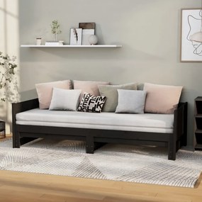 fekete tömör fenyőfa kihúzható kanapéágy 2x(80x200) cm