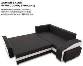 Grande sarokkanapé polcokkal és puffokkal , polc a bal karfaban puffok a jobb karfaban, jobboldali, szövet anyag, hab töltet, fekete - fehér