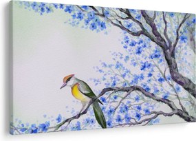 Kép - Madár egy fán kék virágokkal (90x60 cm)