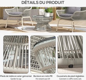 Outsunny Kerek Kerti Kávézó Asztal, Rattan Kábelhatású Oldal Asztal Edzett Üveg Felsővel Ø60 x 37H cm Világosszürke | Aosom