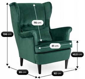 Elegáns Füles Fotel Lábtartóval Zöld Bársony Kárpittal. EVAN 2