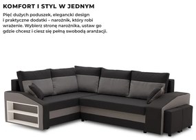 Grande sarokkanapé polcokkal és puffokkal , polc a bal karfaban puffok a jobb karfaban, baloldali, szövet anyag, hab töltet, fekete - szürke