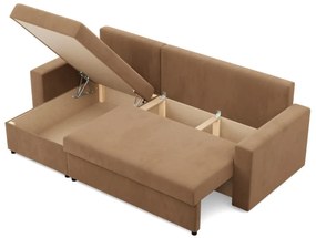 Zeus sarokkanapé, 2 ágyneműtartóval, egyenes kartámasz, szövet anyag, univerzális oldal, hab töltet, barna