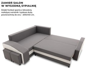 Grande sarokkanapé polcokkal és puffokkal , polc a jobb karfaban puffok a bal karfaban, baloldali, szövet anyag, bonell töltet, szürke - fehér