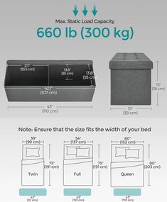 Puff 110x38x38 cm, tároló ottomán pad, 120 l, sötétszürke