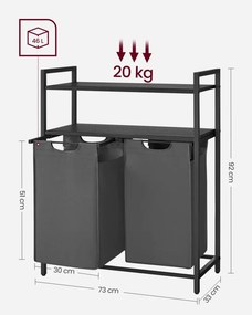 Szennyestartó, polccal kihúzható és levehető ruhatartó zsákkal 2x46L, fekete-szürke