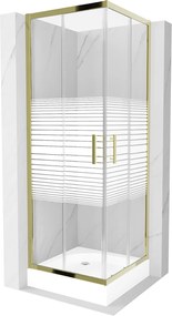 Mexen Rio, szögletes zuhany tolóajtóval 70 (ajtó) x 70 (ajtó) x 190 cm, 5mm átlátszó üveg csíkokkal, arany profil + fehér zuhanytálca RIO, 860-070-07…