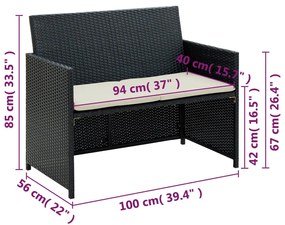 Fekete kétszemélyes polyrattan kerti kanapé párnákkal