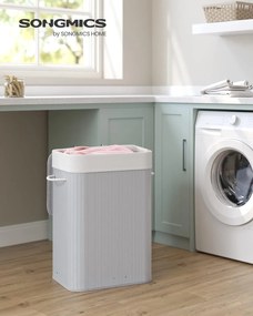 Szennyestartó fedéllel, 72 l, bambusz szennyeskosár, szürke