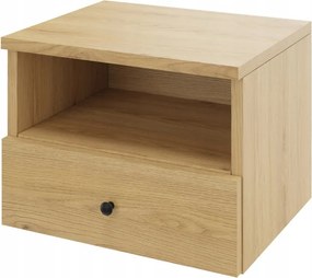 Akasztós éjjeliszekrény, fiók fogantyúval és polccal, naptölgy,50 cm széles
