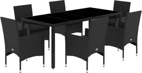 vidaXL 7 részes fekete polyrattan/üveg kerti étkezőgarnitúra párnával