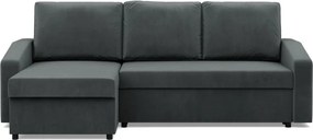 Zeus sarokkanapé, 2 ágyneműtartóval, döntött kartámasz, bársony, univerzális oldal, bonell töltet, szürke