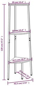 3 szintes fekete sarokpolc 45,5 x 31,5 x 120 cm
