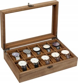 Fa óratartó doboz 10 rekeszes párna üveg fedél barna