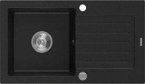 Mexen Pablo gránit mosogató 1 rekeszes csepegtetővel 752 x 436 mm, fekete, krómozott szifon - 6510751010-77