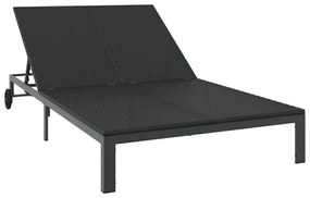 Napozóágy Párnákkal és Kerekekkel 2 Személyes Fekete Poli Rattan