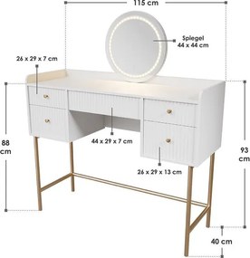 Kozmatikai asztal LED tükörrel 5 fiókkal fehér/arany