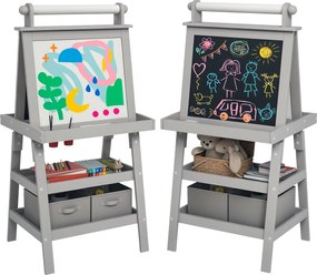 AIYPLAY 3 az 1-ben Gyermekrajzoló Állvány - mágneses, kétszínű gyermek fekete táblával, papírtekercsel és tárolókosarakkal 59x48x118 cm Szürke | Aosom