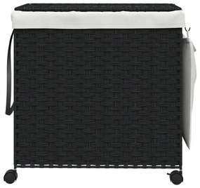 fekete rattan szennyeskosár kerekekkel 60x35x60,5 cm
