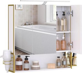 Fürdőszobai tükrös szekrény világítással, fehér-arany, 14,5×70×70 cm