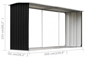 antracitszürke horganyzott acél tűzifatároló 330 x 92 x 153 cm