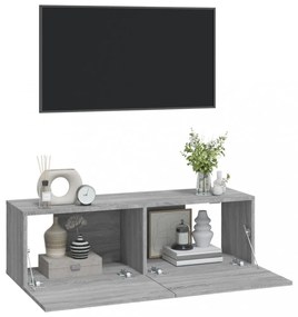 2 db szürke -tölgyszín szerelt fa fali TV-szekrény 100x30x30 cm