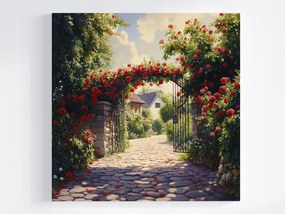 Vászonkép Canvas Kapu Vörös Rózsák Vidéki Kert Ház Természet 80x80