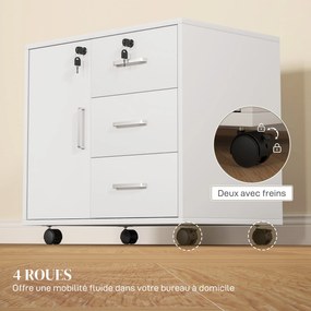 HOMCOM Irodai Fiókos Tárolószekrény 3 Fiókkal és Állítható Polccal, Zárható Irodai Tárolószekrény Kerekeken, méret: 40 x 60 x 56 cm, fehér | Aosom