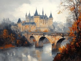 Vászonkép Canvas Tájkép Építészet Kastély Híd Folyó Ősz 100x75