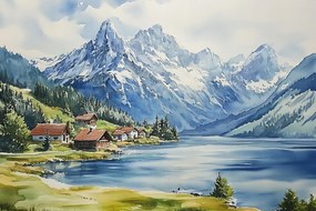 Vászonkép Canvas Tájkép Hegyek Csúcsok Alpok Tó Házak Falu 120x80
