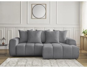 Szürke buklé kinyitható-tárolóhelyes sarokkanapé (jobb oldali-heverő résszel) Roxelane – Bobochic Paris