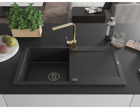 Mexen Leo, gránit mosogató 900x500x190 mm, 1 kamrás, fekete, fekete szifonnal és arany Rita mosogató csapteleppel, 6501-77-670300-50-B