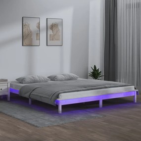 King Size fehér tömör fa LED-es ágykeret 150 x 200 cm