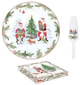 Joyful Santa porcelán karácsonyi kerek tortatál lapáttal, 32cm, díszdobozban