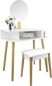 Fehér retro fésülködőasztal kerek tükörrel és ülőkével 75 x 45 x 129,5 cm