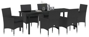 7 Darabos Kert Étkező Készlet Párnákkal Fekete Poli Rattan, Kert Asztal Fekete 200x80x73 cm Edzett Üveg
