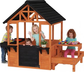 AIYAPLAY Wooden Outdoor Playhouse for Kids — Table, Benches, Sink, Door, Window & Flower Boxes, Brown, 166.3 x 112.5 x 139.7 cm (65.5 x 44.3 x 55.0 in